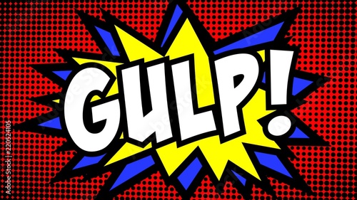 A comic strip cartoon with the word Gulp. Green and halftone background, star shape effect.
