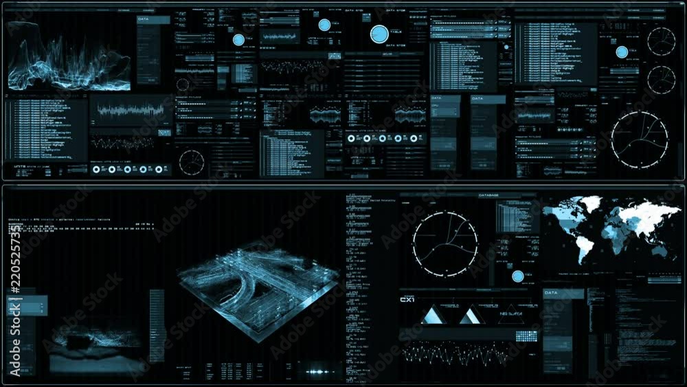 Perspective view of futuristic interface/Digital screen.Detailed abstract background with blinking and switching indicators and statuses showing work of command center, processing big data, machine de