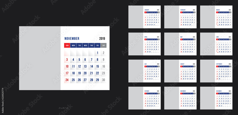 Vector design template of calendar for 2019 year. Vector design template of calendar for 2019 year.