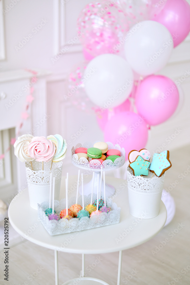 Children birthday. decorations for birthday party. A lot of balloons pink and white colors. Children birthday. decorations for birthday party. A lot of balloons pink and white colors.