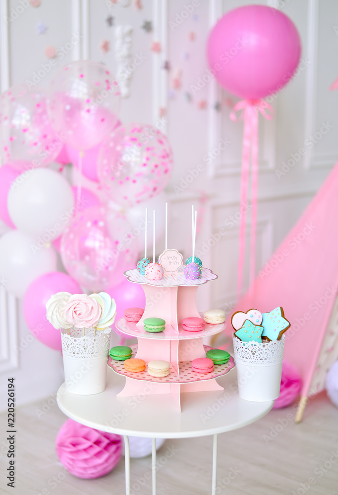 Children birthday party. Decorations for holiday party. A lot of balloons pink and white colors. Children birthday party. Decorations for holiday party. A lot of balloons pink and white colors.
