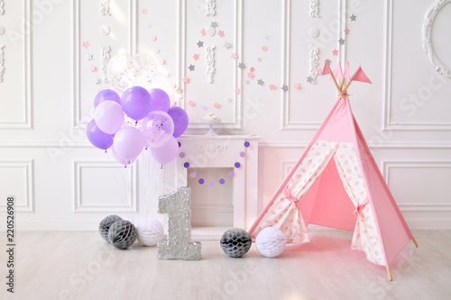 Girl birthday. Decorations for holiday party. A lot of balloons. Pink balloons. white balloons.  © avikki