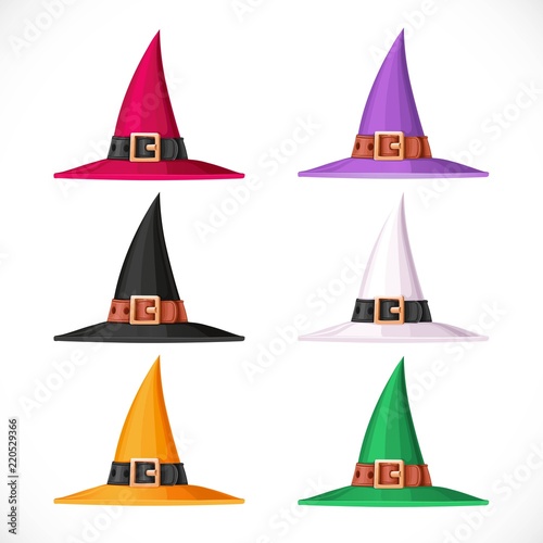 Set of different colors witch hat with a leather belt and shiny buckle isolated on white background