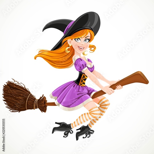 Cute redheaded witch in purple dress flying on a broom isolated on a white background