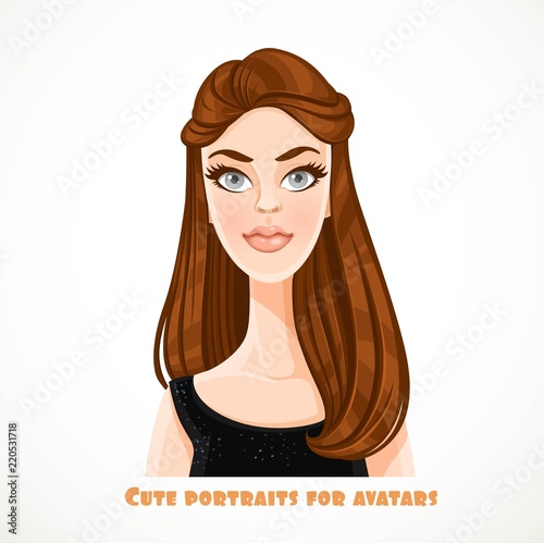 Beautiful young brunette woman with a lush long hair portrait for avatar isolated on white background