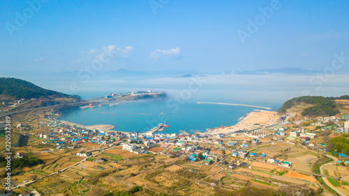 Aerial view of beautiful gulf in South Korea. Aerial view from drone.