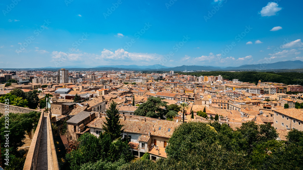 City of Girona cityscape with Passeig de la Muralla, old city wall fortification, Catalonia, Spain