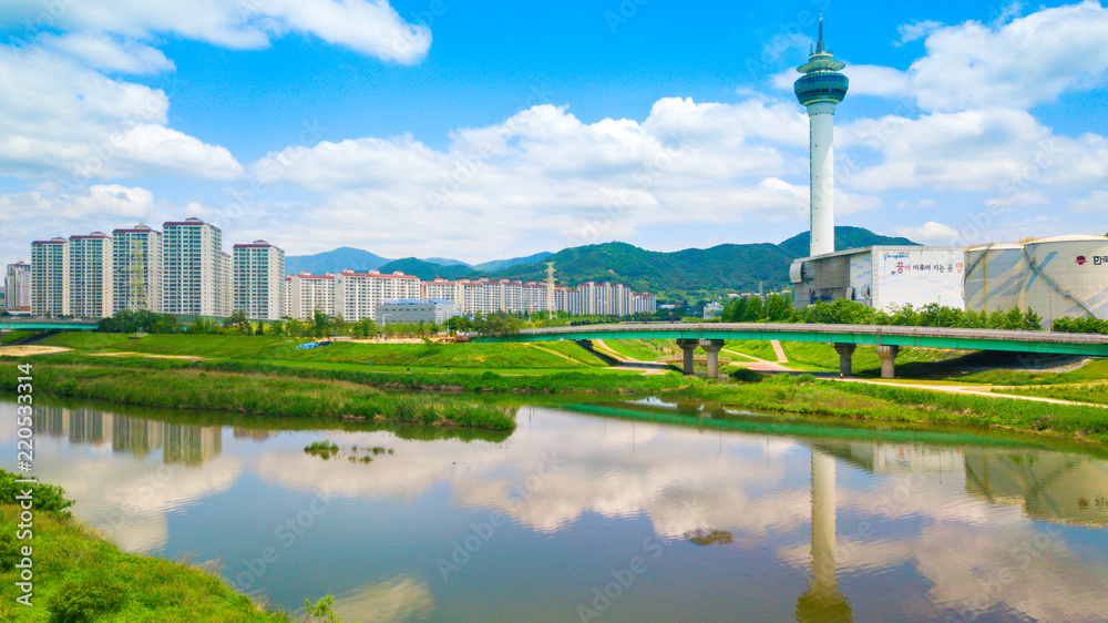 Aerial view of Yangsan city, South Korea. Aerial view from drone Aerial view of Yangsan city, South Korea. Aerial view from drone