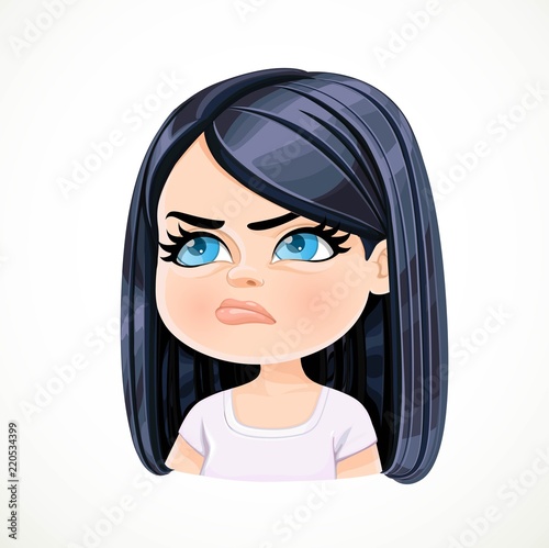 Beautiful offended cartoon brunette girl portrait isolated on white background