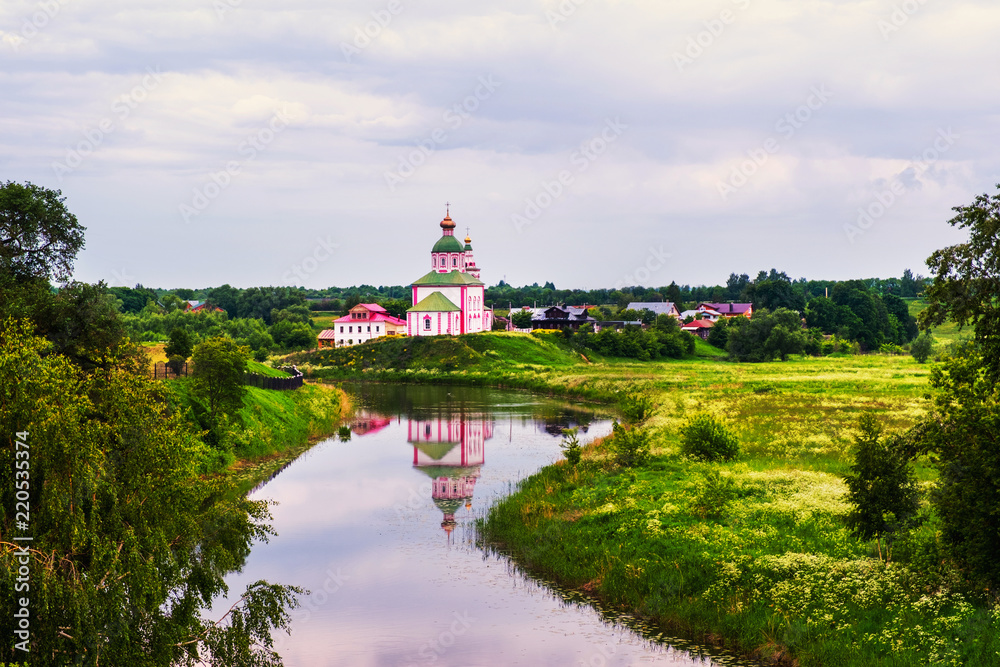Morning view of old churche in Suzdal, Russia during a cloudy sunrise