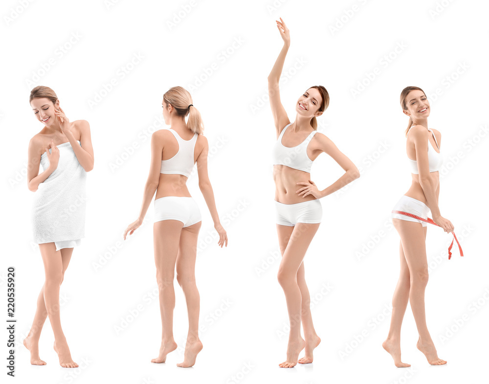 Set with young woman on white background. Beauty and body care - obrazy, fototapety, plakaty 