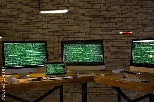 Hacker's workplace with mon...