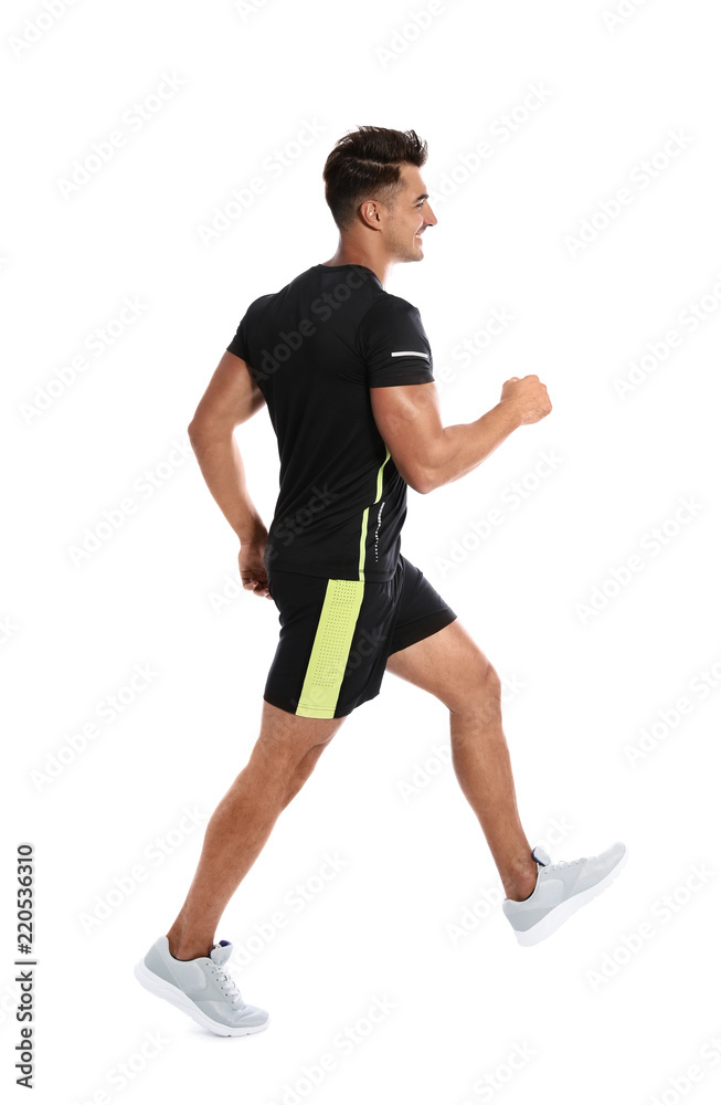 Sporty young runner walking on white background Sporty young runner walking on white background