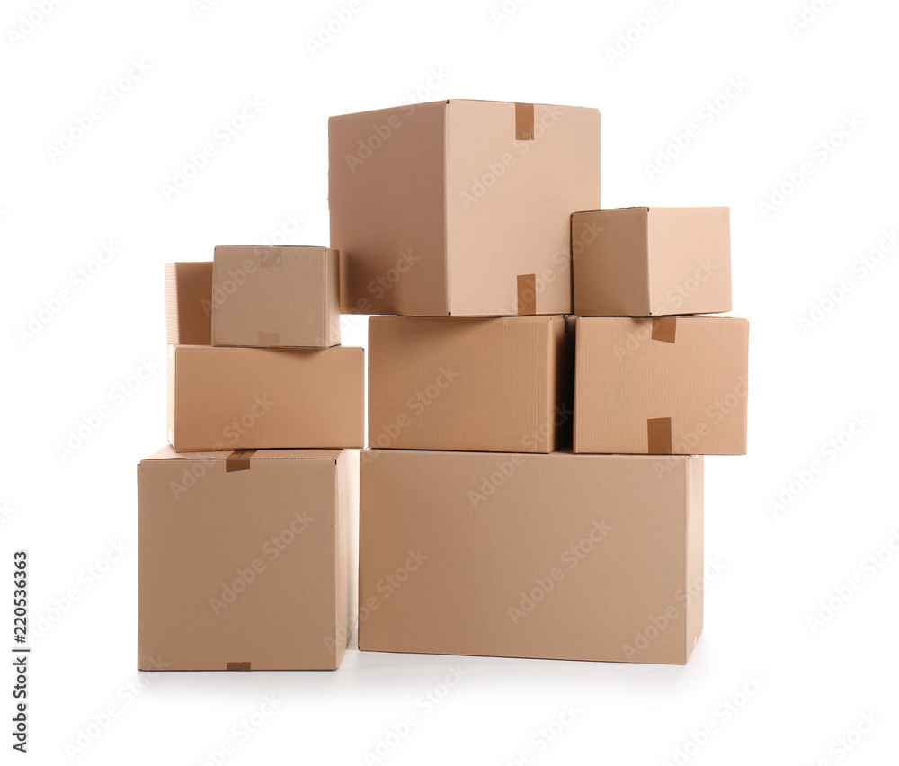 Cardboard boxes on white background. Moving day Cardboard boxes on white background. Moving day