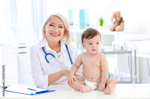 Mature female doctor with cute baby boy in clinic