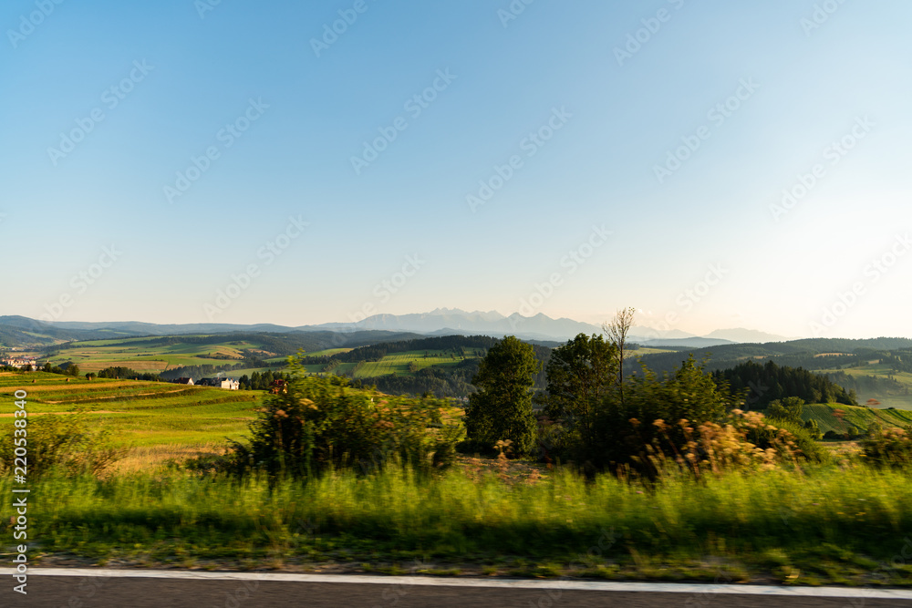View through car window mountain landscape