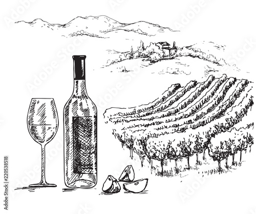 Hand Drawn Bottle and Glass of Wine