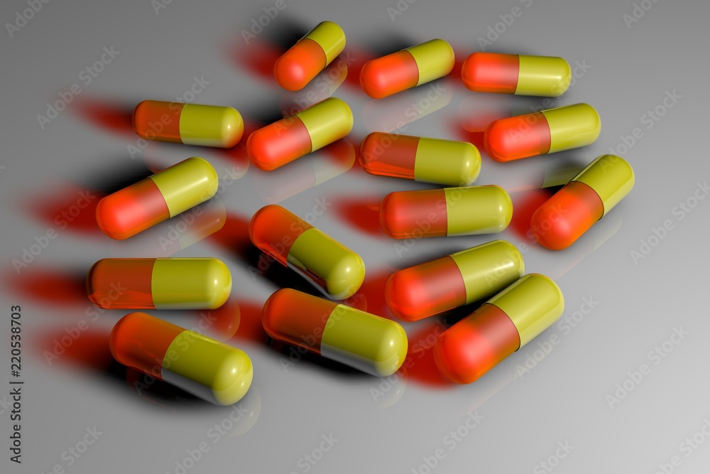 Medicinal capsule pills. Pharmacy drugstore. Antibiotic capsules. Vitamin and mineral complex. 3d illustration