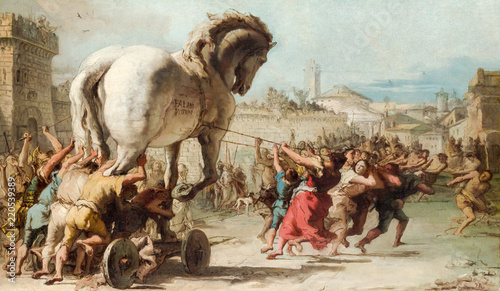 Naklejka Obraz przedstawiający wejście drewnianego konia do Troi. Giovanni Domenico Tiepolo