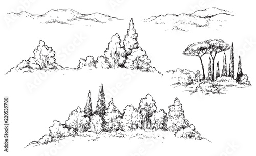 Fragments of Rural Scene with Hills and Trees Sketch
