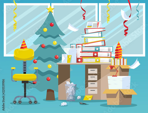 Flat vector illustration of office interior after New year celebration. Disorder after corporate party in office: new-year tree, paper caps, serpentine from ceiling, stack of paper documents folders