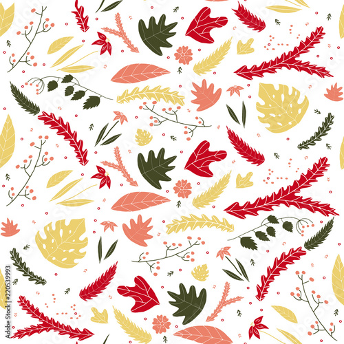 Floral leaves colorful seamless pattern in hand drawn style. Vector leaves  flowers and berries on a transparent background.