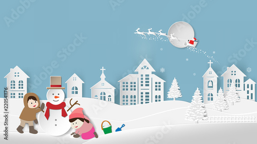 Paper folding art origami style vector illustration Merry Christmas Happy New Year Children making snowman and snowy landscape Winter night sky with santa claus reindeer on big moon village background