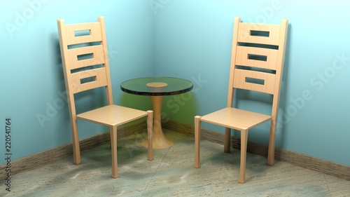 Wooden modern chairs and table - 3D rendering