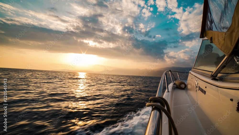 Point of view from a luxury yacht boat sailing on French Riviera sea coast on a beautiful day at sunset with dreamy clouds 