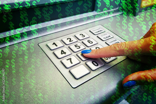 Woman hacker stealing sensitive data from credit card on ATM with abstract background
