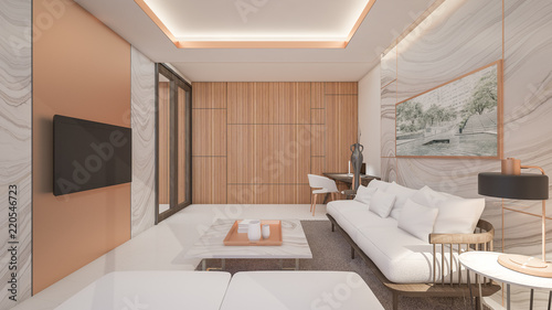 Living room in suite room with copper texture   3d rendering