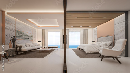 Luxury suite room are separate living room and take view of sea , 3d rendering