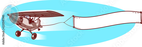 single propeller airplane carrying blank banner sign cartoon style vector illustration