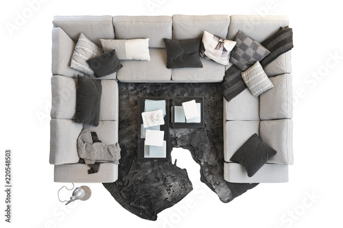 Modern furniture set with sofa, rug, floor lamp and coffee tables. 3d render