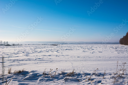 The steppe is covered with snow in winter, a trees in hoarfrost, a blue sky. A lot of snow. Winter landscape.