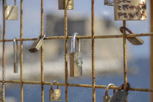 A declaration of love. An indissoluble bond represented by a closed lock on a wire mesh