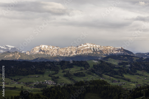 Mountain range of Pilatus with snow remains in the evening sun in the canton of Lucerne  Switzerland