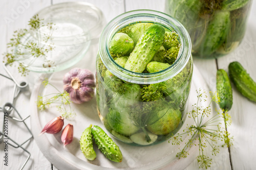 Homemade and tasty pickled cucumber in summer