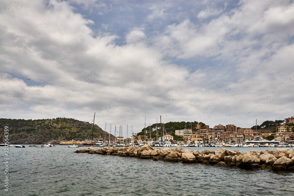 Port de Soller view with tramontana mountain in Mallorca island in Spain