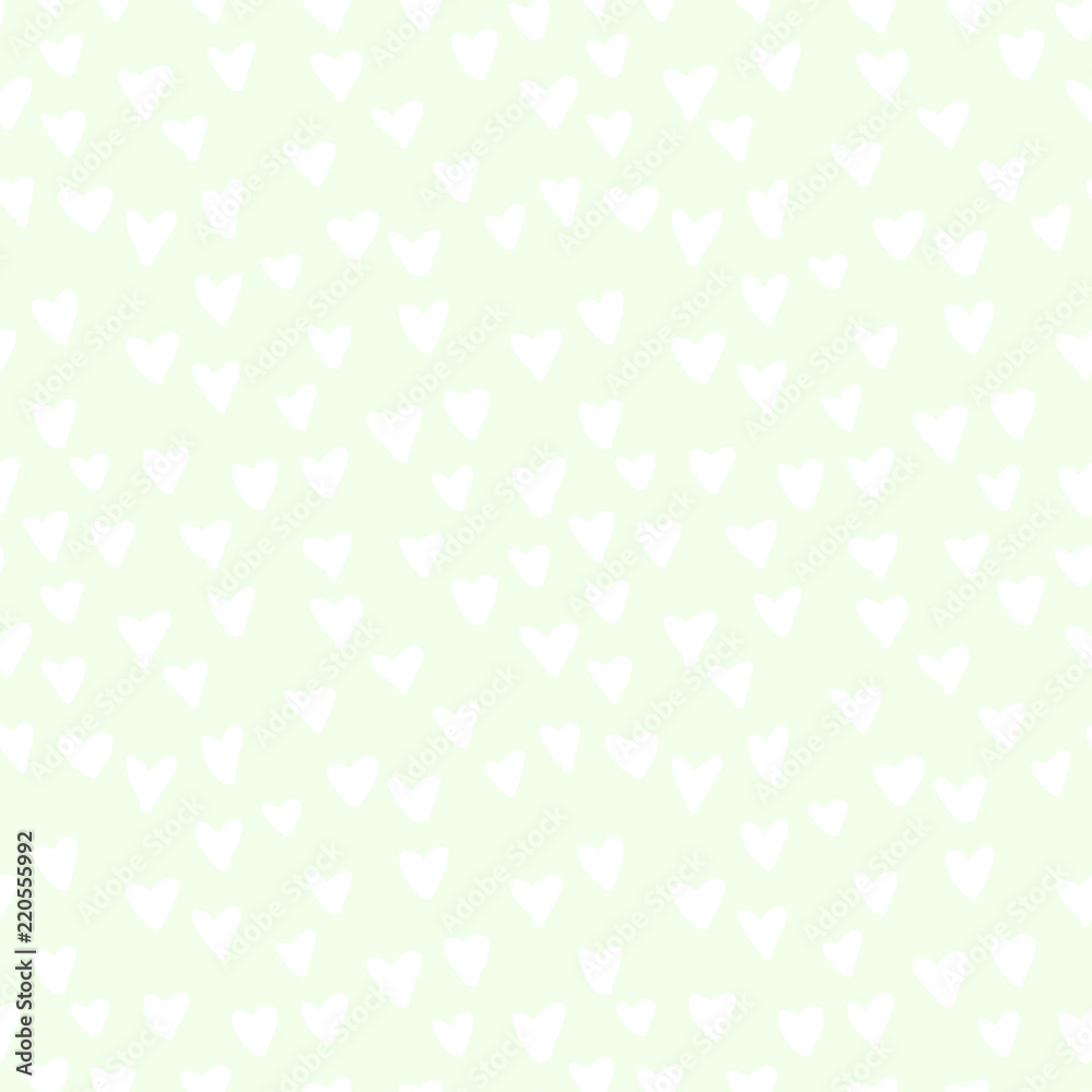 Hand Drawn white hearts. Seamless mint pattern with white hearts. Valentine's Day. Gift wrap, print, cloth, cute background for a card. Heart on mint background. 