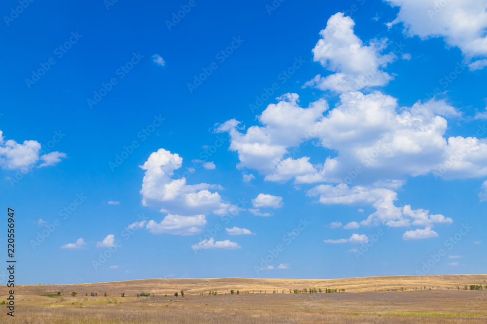 Rural landscape with fields and meadows after harvest / Yellow fields and meadows on background of blue sky with white clouds Rural landscape with fields and meadows after harvest / Yellow fields and meadows on background of blue sky with white clouds