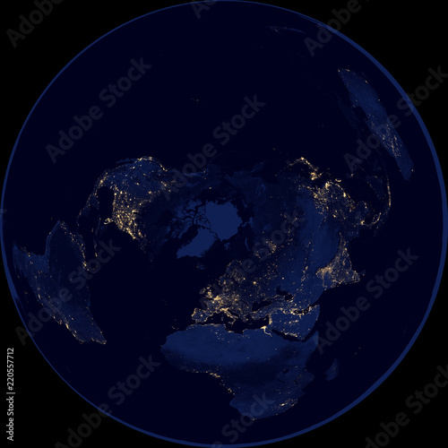 Map of the world at night in Lambert azimuthal equal-area projection - shaded relief, the map colors gradually blend into one another across regions and from lowlands to highlands - 3D rendering