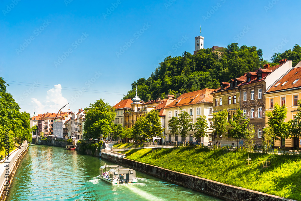View on medieval buildings and ljubljanica river in Ljubljana - Slovenia