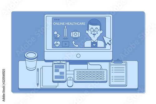 Online healthcare and medical consultation.Video chat with friendly doctor, medical online concept