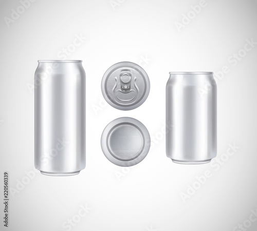 Metal can top, front, bottom view. Can vector visual 330 and 500 ml. For beer, lager, alcohol, soft drinks, soda advertising.