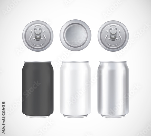 Aluminium beer pack. Metal, black and white can front, top and bottom view. Can vector visual 330 ml. For beer, lager, alcohol, soft drinks, soda advertising.