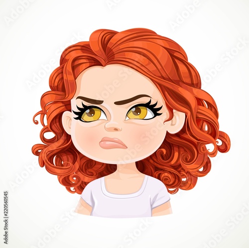 Beautiful offended cartoon brunette girl with dark red hair portrait isolated on white background