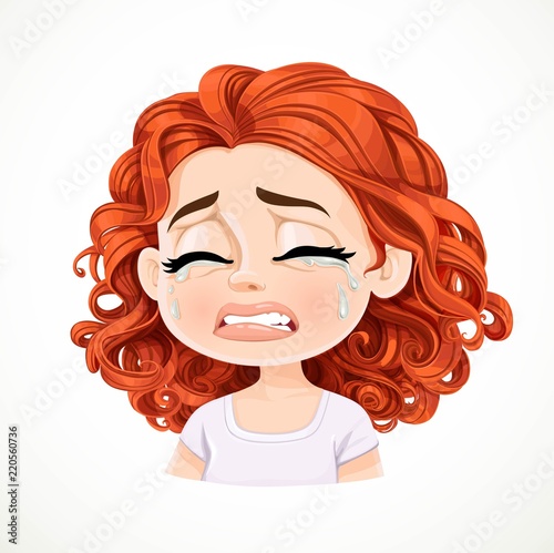 Beautiful inconsolably crying cartoon brunette girl with dark red hair portrait isolated on white background