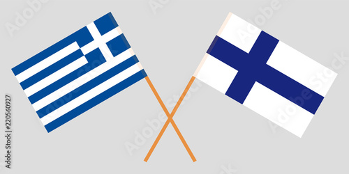 Greece and Finland. Crossed Greek and Finnish flags. Official colors. Correct proportion. Vector