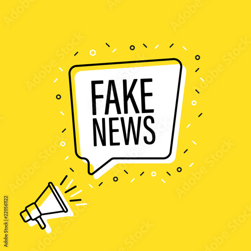 Male hand holding megaphone with Fake News speech bubble. Loudspeaker. Banner for business, marketing and advertising. Vector illustration.